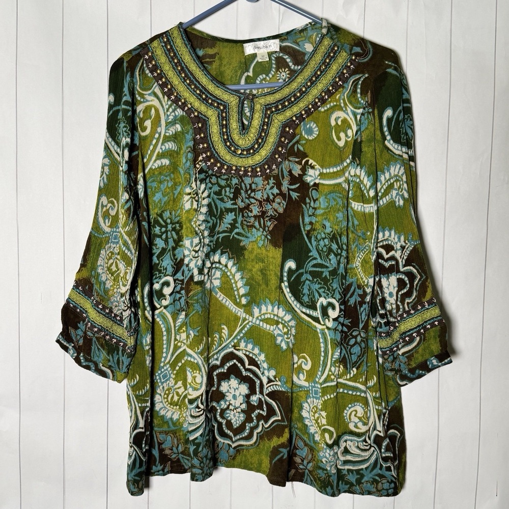 Y2K Bohemian Hippie Tunic Top Loose Flowy Floral Paisley Print Beaded Neckline M